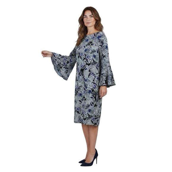 Glamour 2OW Blue Black & White Paisley Print Career Dress Tiered Bell Sleeves - Picture 1 of 10